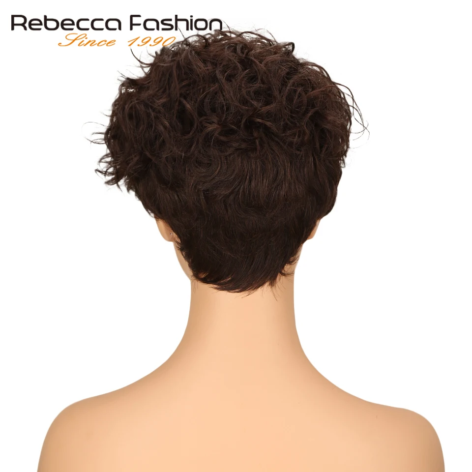 Rebecca Короткие Волнистые парик бразильский Реми натуральные волосы парики для черный Для женщин коричневый микс красное вино Цветной