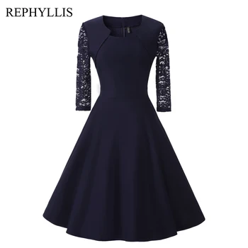 

REPHYLLIS Women Irregular Neck 2/3 Sleeve Lace Patchwork Robe Wedding Party Ceremony Prom Banquet Cocktail A Line Swing Dress