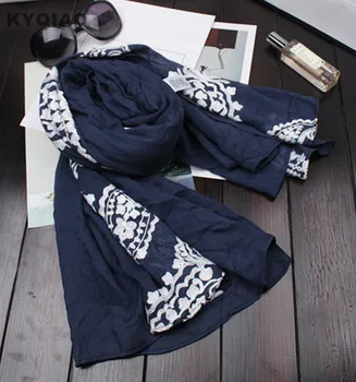 

KYQIAO Ethnic scarf for women autumn Japanese style fresh vintage long dark blue embroidery scarf scarves muffler gifts