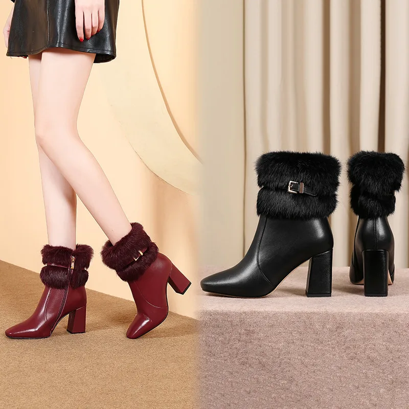 MORAZORA/Новинка года; ботильоны из натуральной кожи; женские теплые зимние ботинки с квадратным носком; модная женская обувь на высоком каблуке