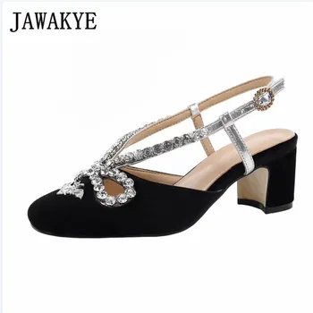 

Velvet crystal bowties butterfly sandals women genuine leather square heel shoes woman Bat buckle slingback stilettos for ladies