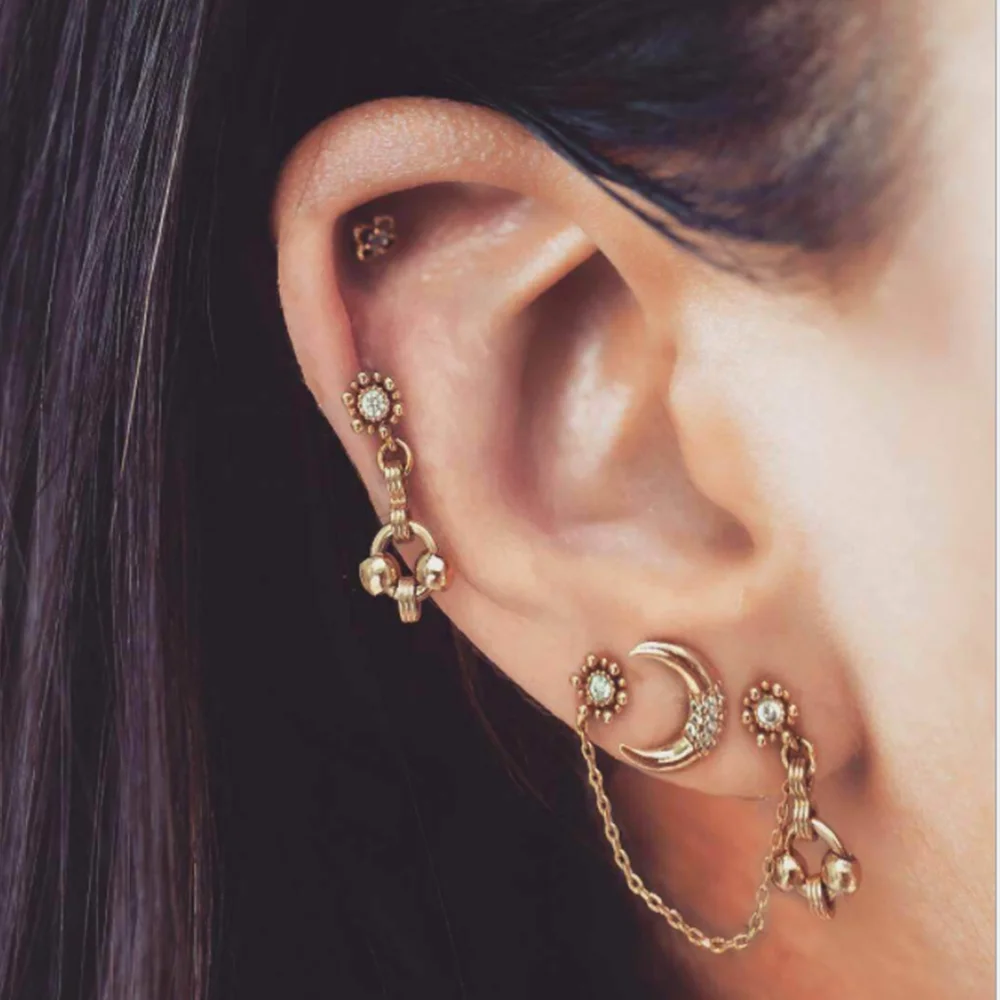 

Simple Trendy Gold Color Geometric Punk moon star Earrings For Women Lady Fashion Large Hollow drop Earrings set Jewelry