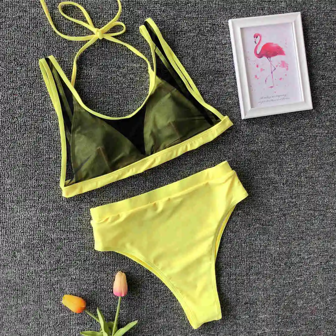 Сексуальное Сетчатое Прозрачное Бикини с высокой талией, купальник для женщин, купальник из двух частей, комплект бикини с бретелькой через шею, купальный костюм V1419 - Цвет: Цвет: желтый