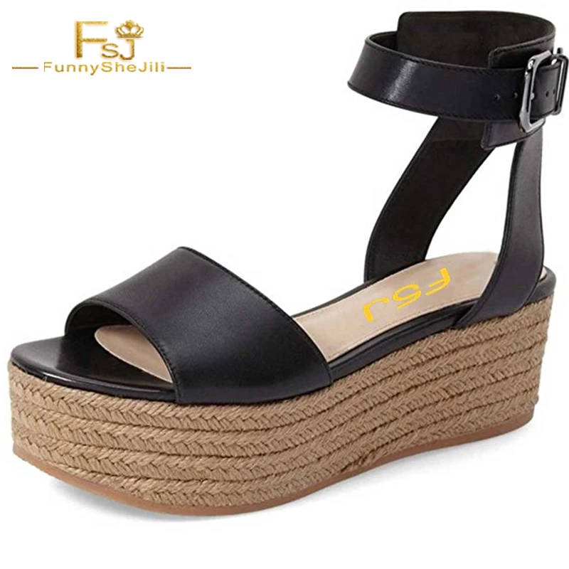 

Summer NEW Espadrilles Wedges Fashion Platform Black Women Casual Ankle Buckle Leather Shoes Open Toe Sandals With Size 4-16 FSJ