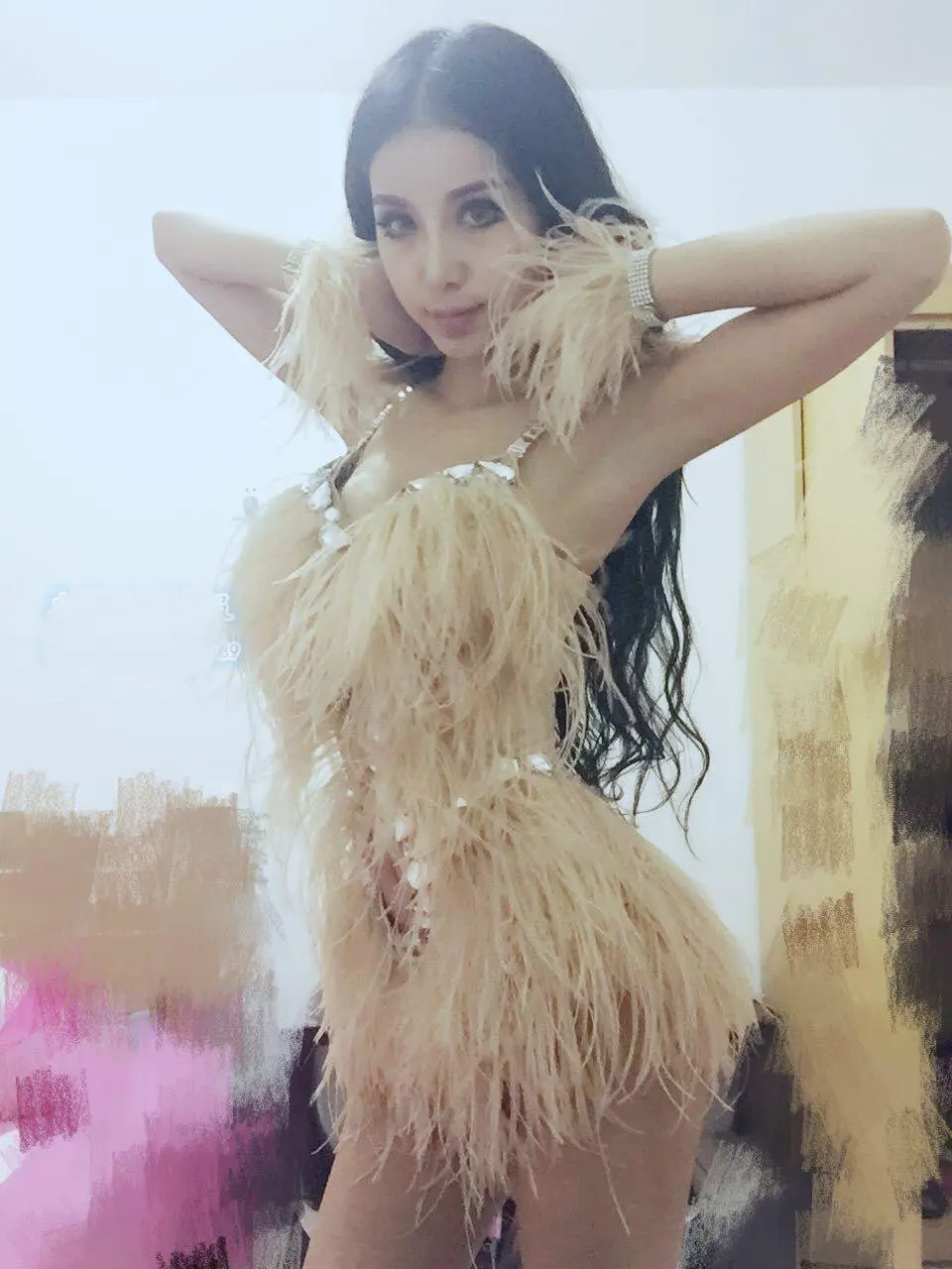 

2018 Real Limited Deguisement Adultes Disfraces Singer Dj Costumes Long Ostrich Feather Bright Drill Bodysuit Costume