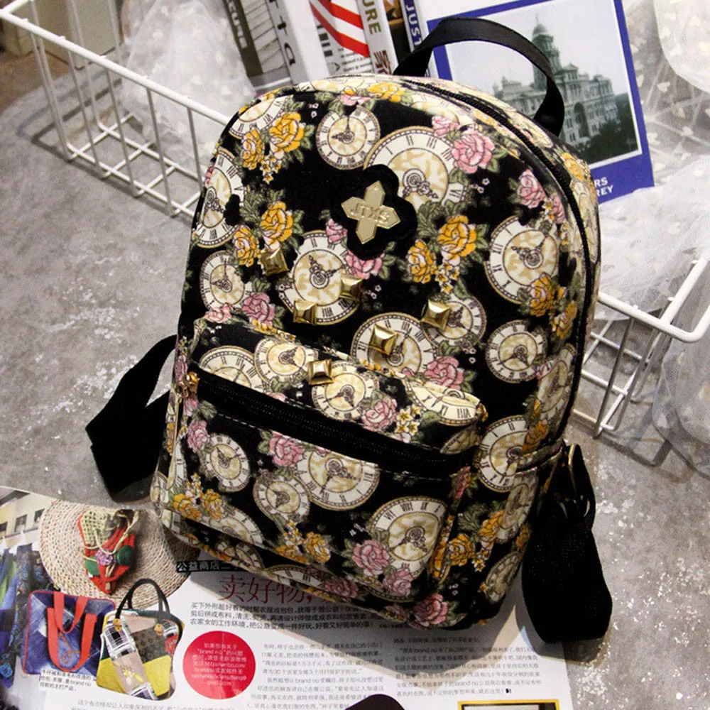 

2018 New Fashion Women Canvas Backpack Clock Flowers Print School Bags Female Backpack School Backpacks mochila feminina