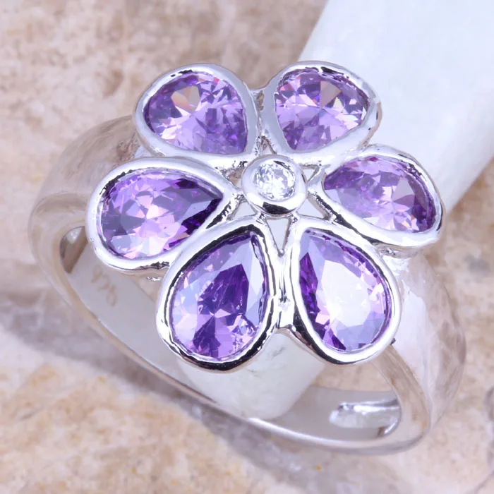 

Divine Flower Purple Cubic Zirconia Silver Stamped 925 Women's Ring Size 6 / 7 / 8 / 9 R1389