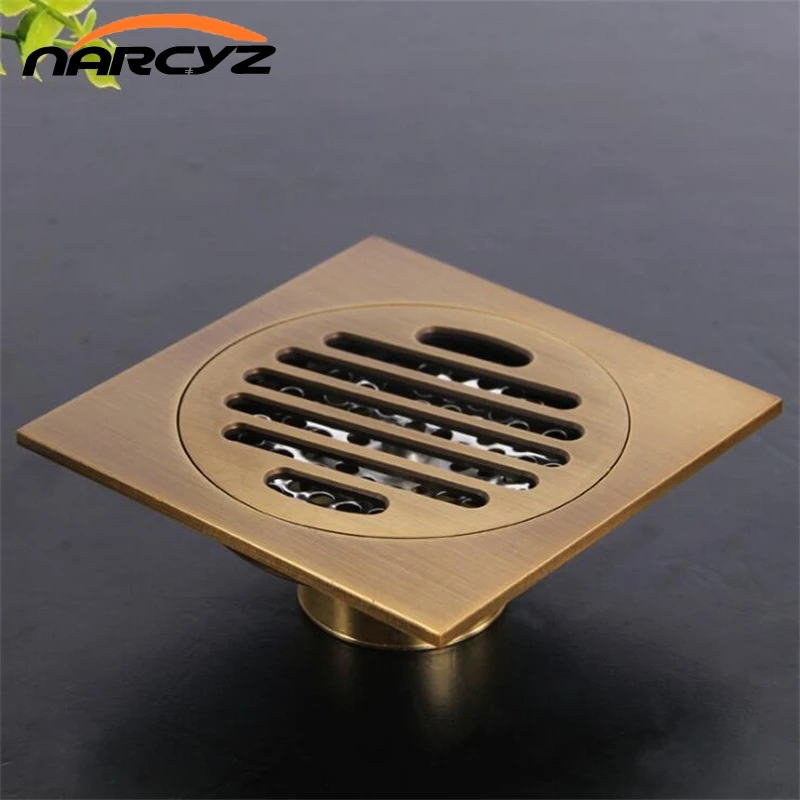 10x10cm Brass Antique Brushed Floor Drain Bathroom Kitchen Shower Roon