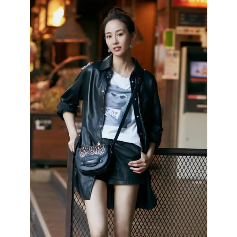 Star with Black PU Leather Coat Female Spring Loose 3D Pattern Top 2019 Turn-down Collar Pockets Black Jacket 2019 Women Coat
