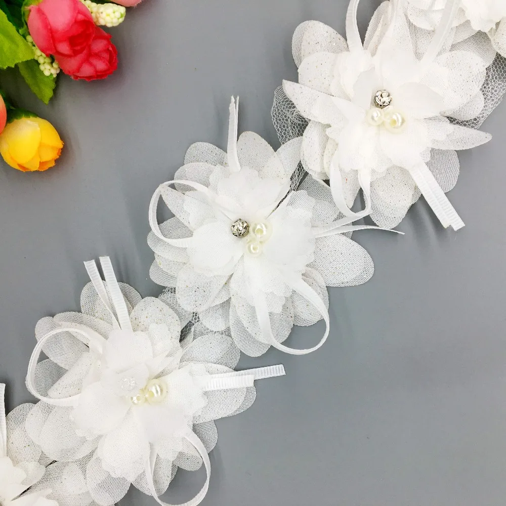 1 ярд шифон 3D Цветы Жемчуг кружево отделка ручной работы отделка стразами свадебное запястье цветочное платье одежда аппликация швейные изделия