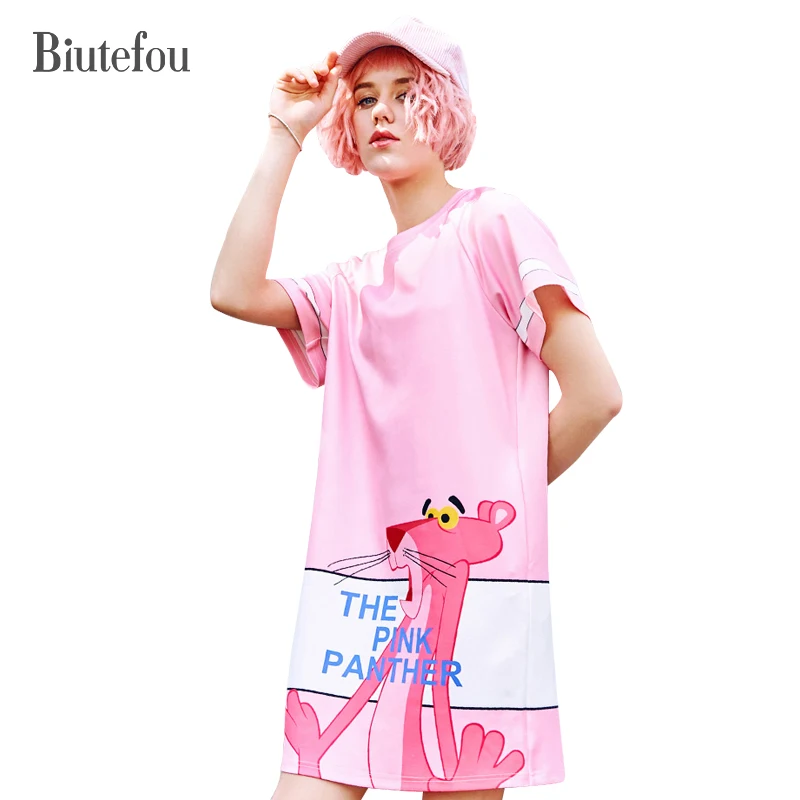 

2019 [Biutefou] summer fashion cartoon print spliced dresses women pink panther pattern short sleeve dresses
