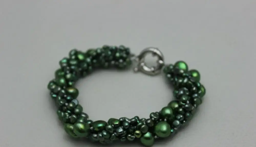 

5strands twist dark green freshwater pearl Beaded bracelet 9INCH"Handmade" Alloy >>free shipping