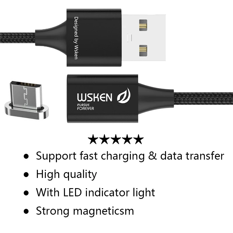 Enchufes de Cable magnético WSKEN Lite1, Cable de carga rápida Micro USB tipo C Cable de cargador magnético USB para iPhone X 8 Cable USB C 1 m