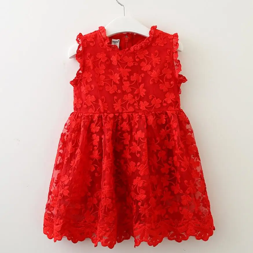 Красная сетчатая кружевная вышивка; одежда принцессы для маленьких девочек; летнее платье без рукавов; детская одежда; платья