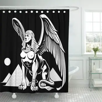 

Egypt Sphinx with Wings Mythological Animal Near The Pyramids Vintage Ancient Cartoon Decor Shower Curtains Bathroom Curtain