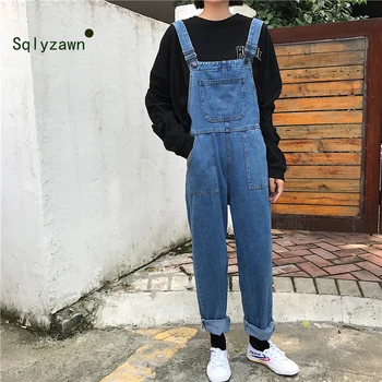 

Jumpsuits Women Retro Loose Student Korean Style Strap Denim Jumpsuit Womens Fashion Simple Solid All-match Casual Chic Trousers