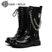 Ботинки в байкерском стиле; Мужская обувь; армейские ботинки с высоким берцем; военные ботинки с металлической цепочкой; мужские байкерские ботинки в стиле панк; Размеры 37-46