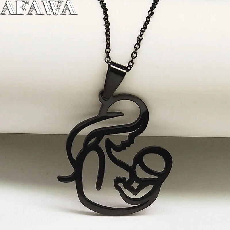 

2019 Mom and Baby Stainless Steel Statement Necklace for Women Black Color Necklaces & Pendants Jewelry accesorios mujer N18855