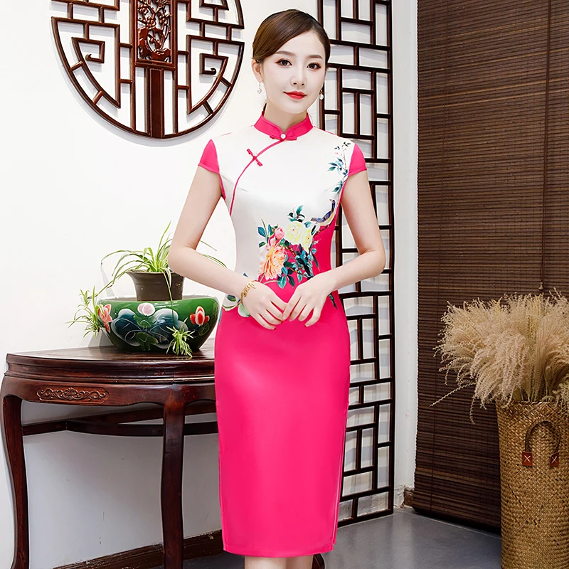 

Rose Red Elegant Party Prom Dress Female Qipao Novelty Short Sleeve Satin Cheongsam Sexy Slim Print Flower Vestidos M-3XL