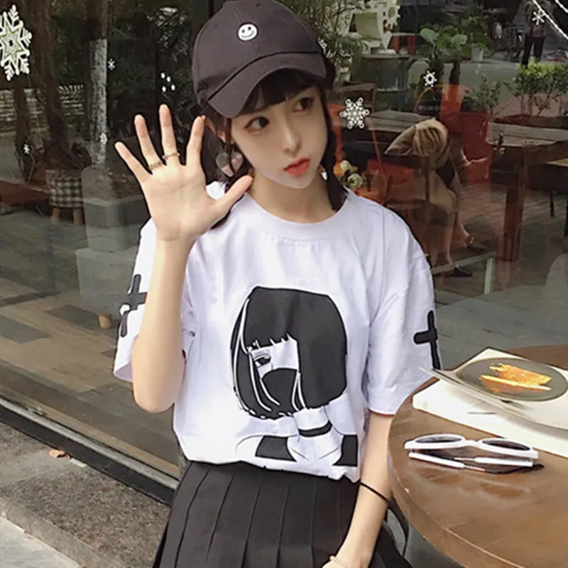 Harajuku Японские Женские Мультяшные футболки, уникальная графическая футболка с короткими рукавами, белые футболки Kawaii, милая хлопковая футболка, Прямая поставка