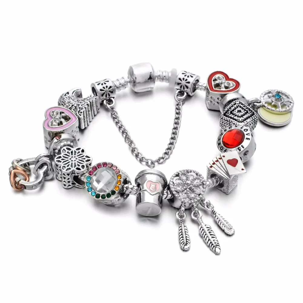 Fashion Antique Silver plated Pa Bracelets & Bangles Crystal Heart Charm Beads Bracelet for Women DIY Original Jewelry Gift
