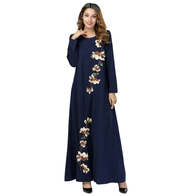 

Muslim Women Long Dress Vintage Floral Embroidery Long Sleeve Loose Waist Elegant Dress Plus Size Navy Blue