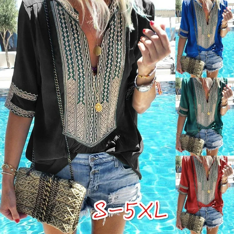 

blusa plus size feminina Bohemian Blouse Boho Shirt Blusas Tallas Grandes Mujer V Neck Women for Xxxxl Xxxxxl Summer 3xl 4xl 5xl