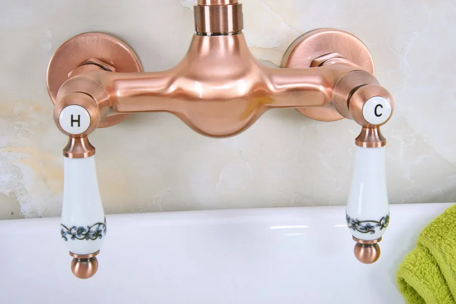 Antique Red Copper Brass Wall Mounted Bathroom Kitchen Sink Faucet Swivel Spout Mixer Tap Dual Ceramics Handles Levers anf950