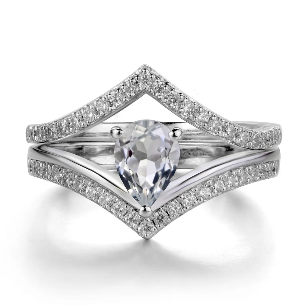 Лейдж ювелирные изделия натуральный белый топаз кольцо серебро 925 Свадебные Обручальные кольца для Для женщин double band грушевидной огранки