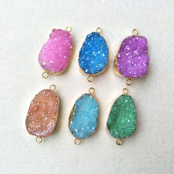 

6PCS crystal Titanium quartz druzy stone connector beads,gold color Double Bail DIY Making Bracelet necklace Jewelry CT140