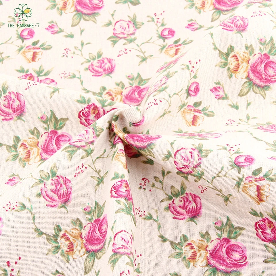 Print Flower Rose Pattern Linen Fabric Needlework Textile Sewing