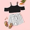 SHEIN Kiddie/укороченная блузка с открытыми плечами для девочек и полосатые шорты с поясом нож для паззлов г., летние широкие Детские костюмы с короткими рукавами