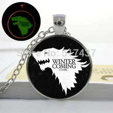 

1pc Handmade Glow in the dark Jewelry Game of Thrones Inspired House Stark Emblem Winterfell Map Glowing Necklace