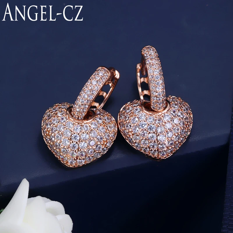 ANGELCZ модные петли серьги с сердцем микрозакрепкой из фианита цвета розового