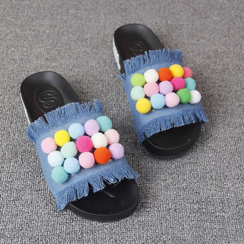 PomPom Sandal Лето г. шлепанцы женские босоножки с кисточками; обувь с маленькими пушистыми помпончиками для флип-флоп в ковбойском стиле обувь на платформе z120