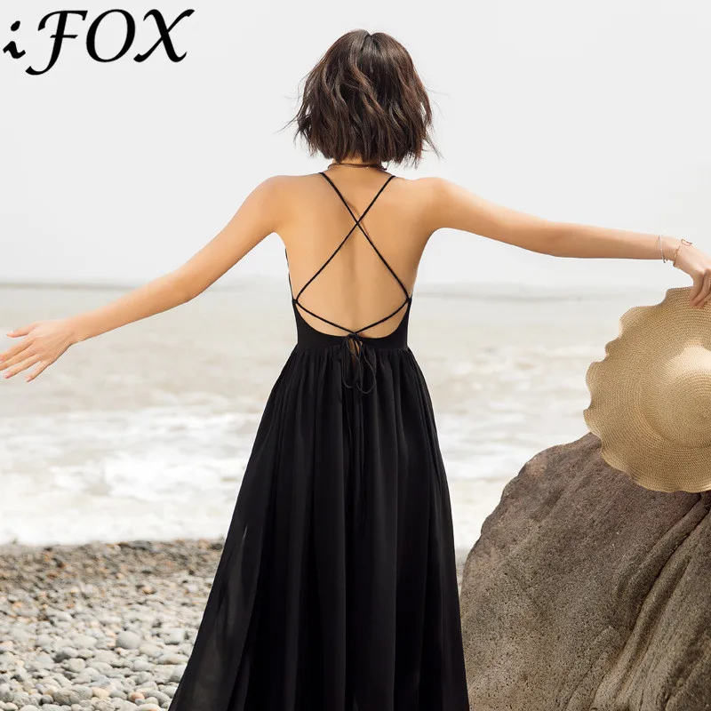

Fashion Bohemian V Neck Strapless Chiffon Women Summer Dress 2019 Sexy Cross Open Back Sleeveless Party Dress Vestidos