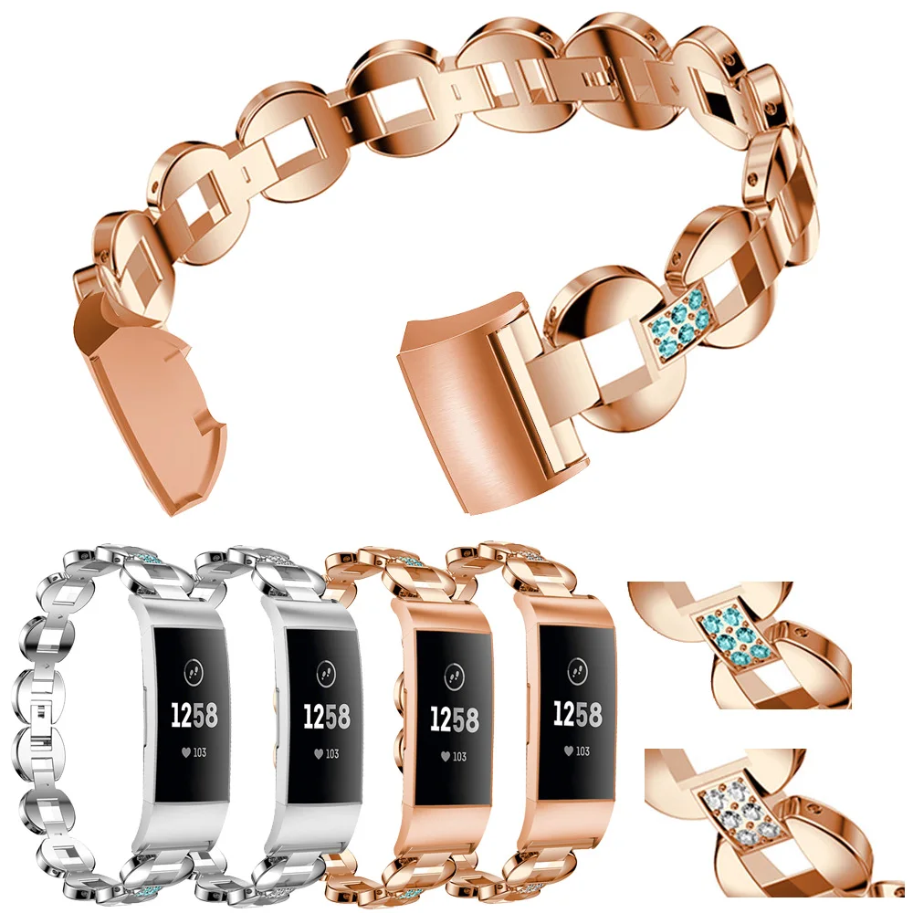 

Alloy Stainless Steel Band Strap For Fitbit Charge 3 Replacement Metal Wristbands Strap Luxury Rhinestone Bracelet Watch Band