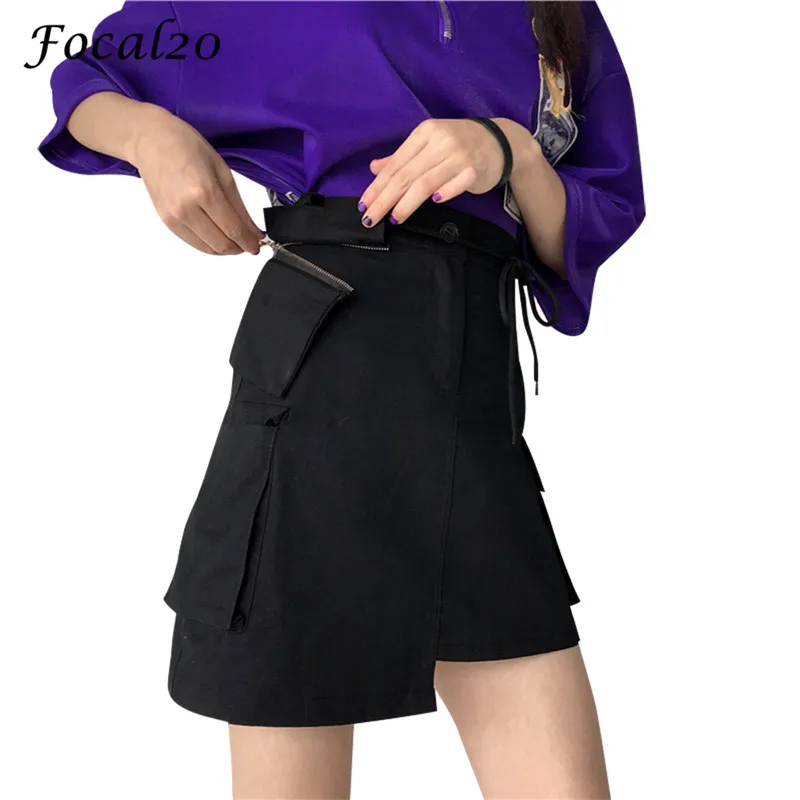 Focal20 уличная Асимметричная Женская юбка на шнуровке черно-белая мини Асимметричная юбка женская с карманом