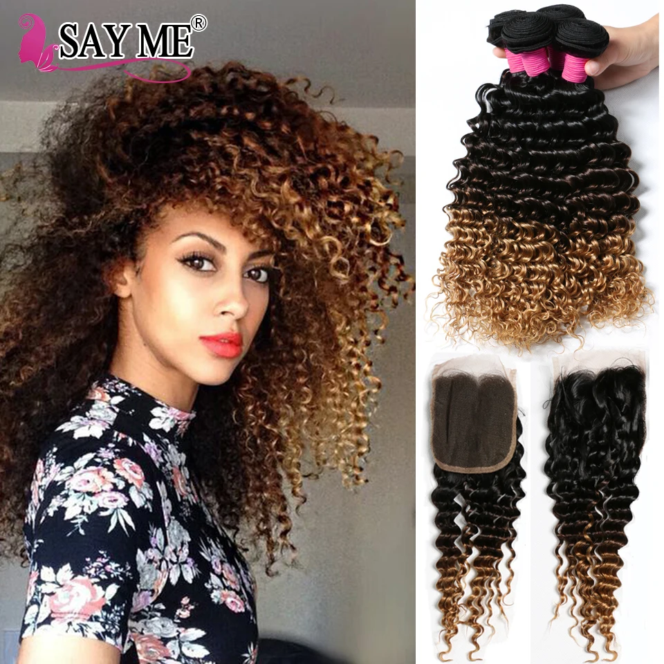 Top 8a Peruvian Ombre 3 Bundles With Lace Closure 3 Tone Ombre Deep Curly Hair With