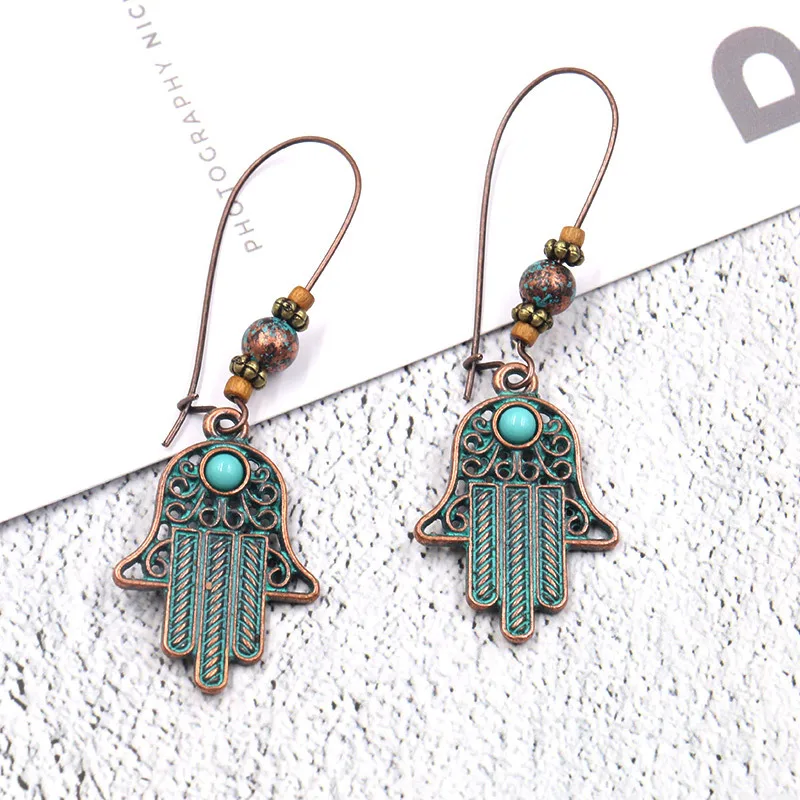 Женские винтажные серьги-подвески Hamsa из зеленой бронзы и латуни с натуральным