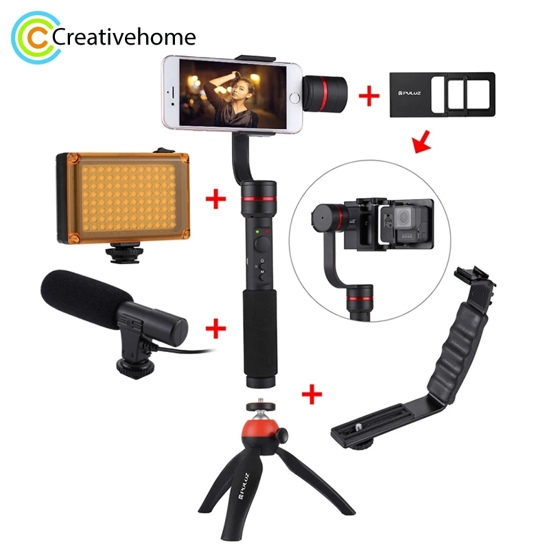 

PULUZ 3-axis Handheld Gimbal Stabilizer for Smartphone with Clamp Mount and Tripod Holder+ L-Shape + LED Studio Light+Microphone