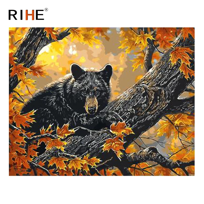

RIHE Bear Maple leaves Diy Painting By Numbers Animal Tree Oil Painting On Canvas Hand Painted Cuadros Decoracion Acrylic Paint