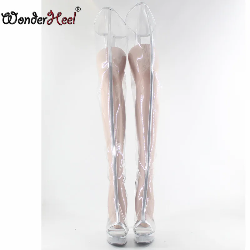 Wonderheel/Супер Высокий Каблук 15 см каблук с платформой прозрачный ПВХ женские промежности сексуальные фетиш сапоги прозрачной платформы выше колена