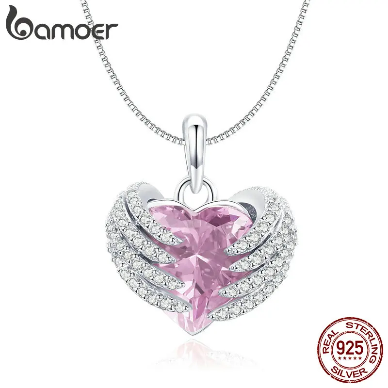 

BAMOER Crystal Necklace for Women Pink Heart-shape Angel Wings Pendant Necklaces Engagement Statement Fine Silver Jewelry GAN004