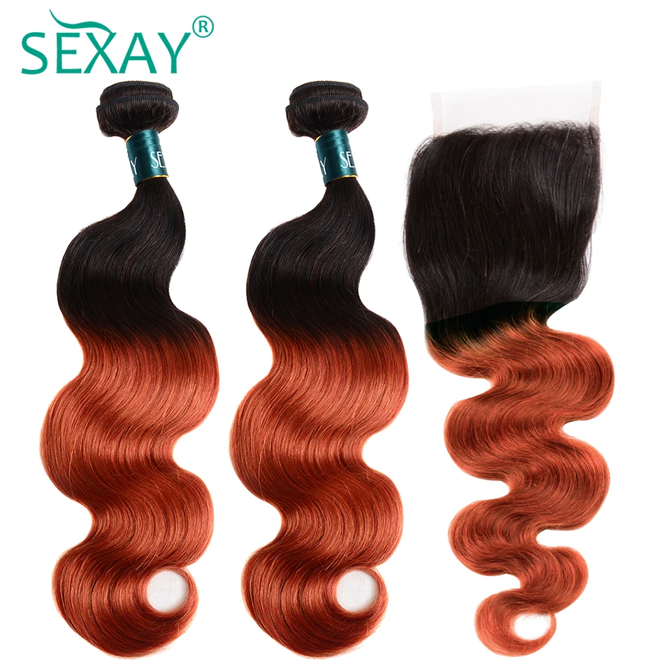 

1B/350 Orange Colored Human Hair Bundles With Closure SEXAY Brazilian Human Hair Body Wave Non Remy Ombre Bundles With Closure