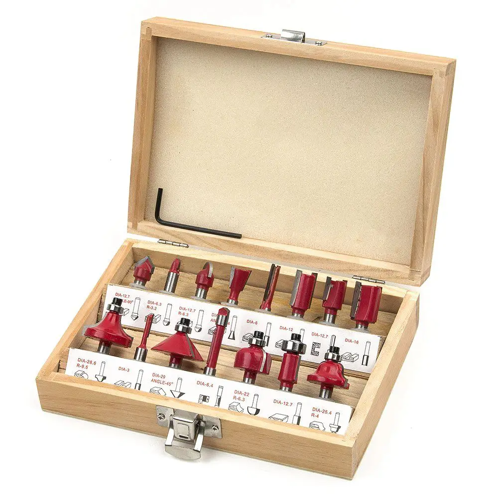 

GTBL 15pcs Router Bits Set 1/4 inch Shank Carbide Milling Cutter Tools Kit with Wooden Case (Includes Traight, Cove and Chamfe