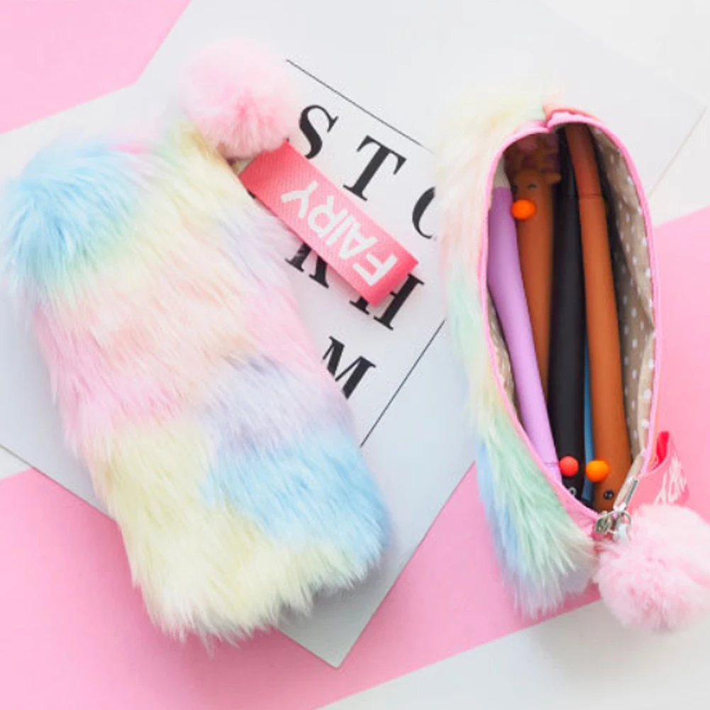 

School Supplies Pencil Case Rainbow Colorful Plush Stationery Gift Storage Pouch Cosmetic Holder Soft Large Capacity #0112