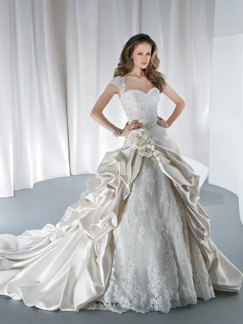 Queen Wedding Dress Lace Cap Sleeve Ball Gown Long Tail Floor Length Queen Wedding Dress Lace Cap Sleeve Ball Gown Long Tail Floor Length Silver Satin