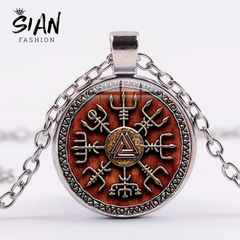 

SIAN Vintage Viking Compass Necklace Trinity Symbol of Power Norse Runes Art Pattern Glass Pendant Necklace Men Vikinger Amulet