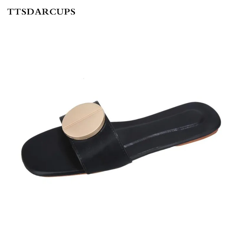 

TTSDARCUPS Women slippers Xia Xin-style Korean version of round buttons and open toes Outside Holiday Flat-soled Slippers